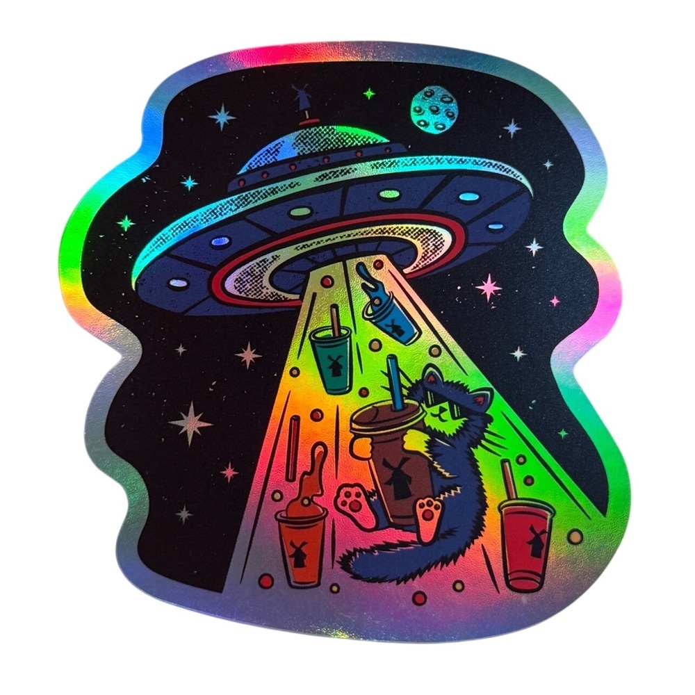 Dutch Bros Coffee Holographic UFO Alien Cat Sticker Multi-Color Space 7/1/26